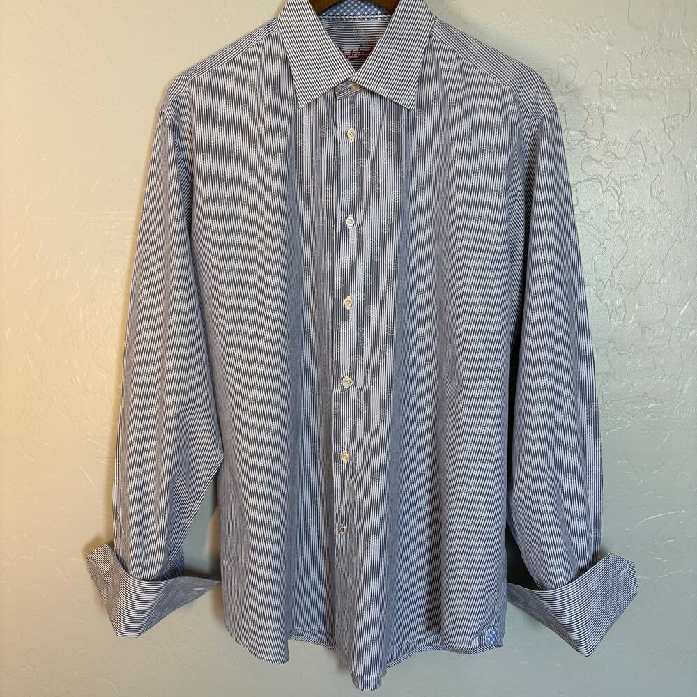 Robert Graham Men XL 44 Blue Stripe Paisley Jacquard Shirt Flip Cuff Cotton